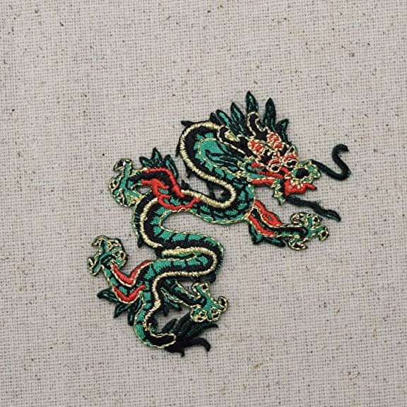 Small - Dragon - Facing Right - Green/Red - Iron on Applique/Embroidered Patch
