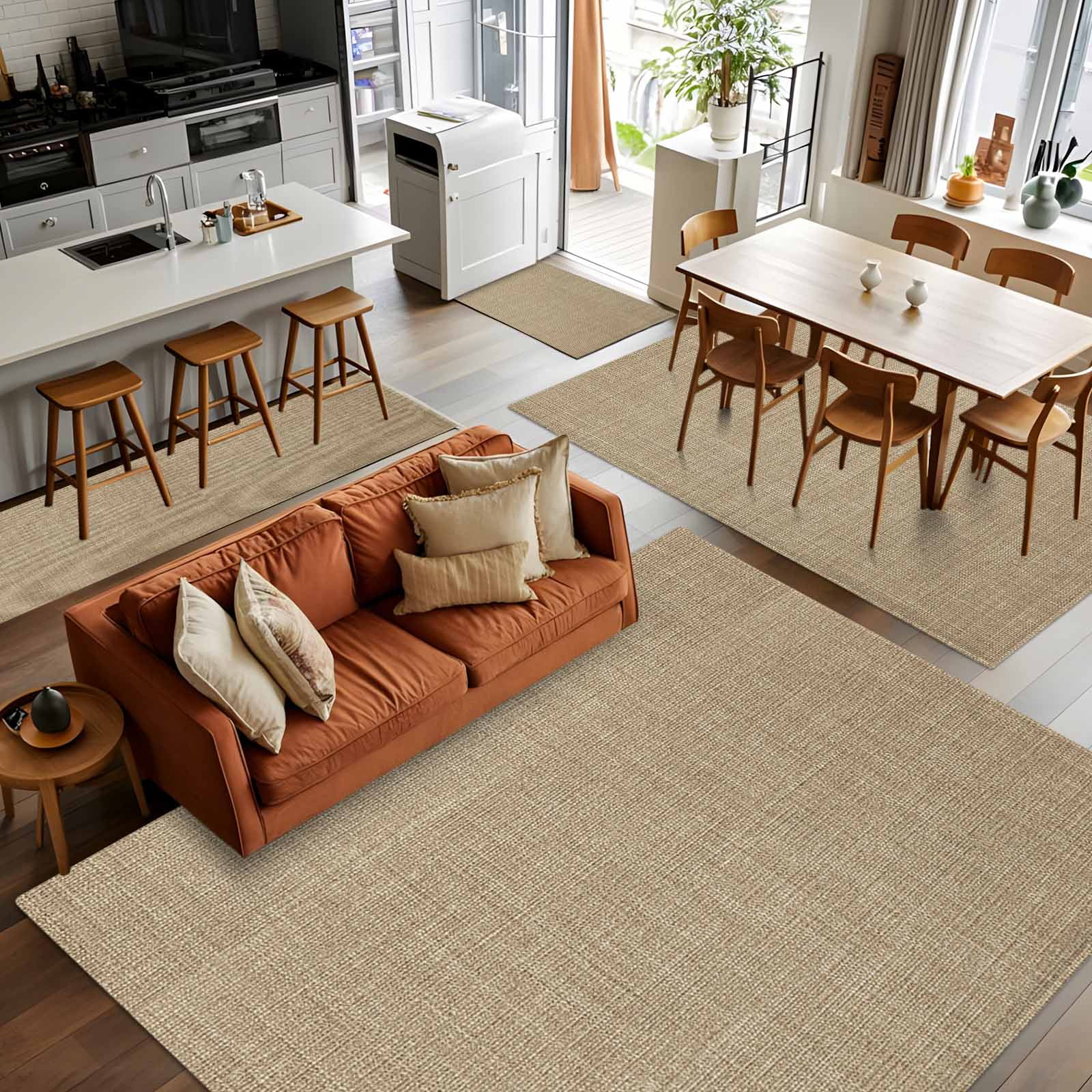 Beige 4x6 Area Rugs, Farmhouse Burlap Solid Brown Color Modern Linen Texture Non-Skid Rubber Backing Large Rectangle Rugs - Living Room Bedroom Home Office, Indoor Floor Mat Carpets Washable Rug