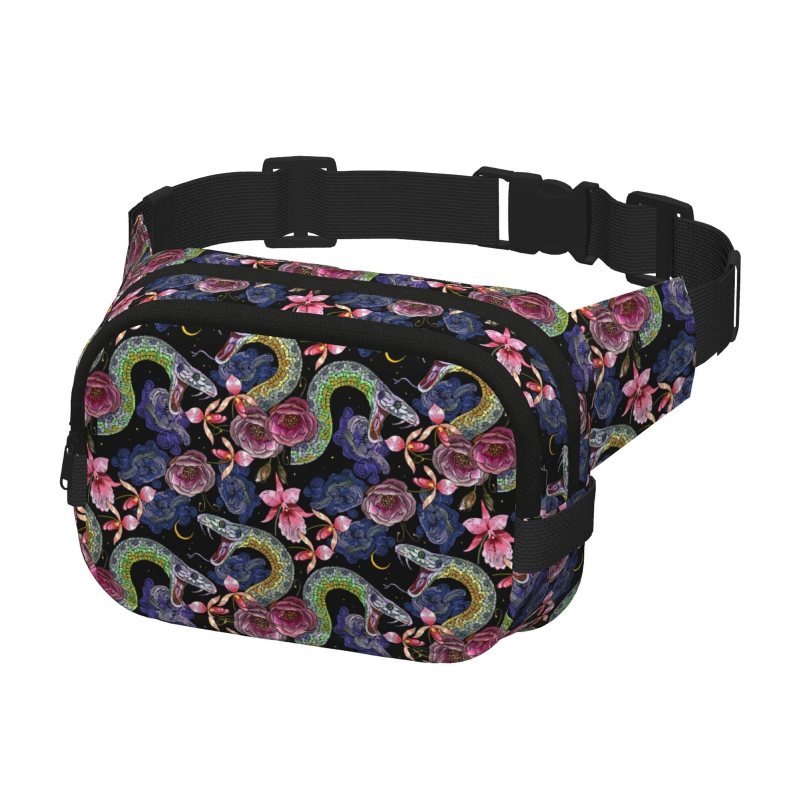 Fuzoiu Snake And Flower Print Unisex Square Double Layer Waist Bag,Crossbody Fanny Pack Travel Workout Accessory