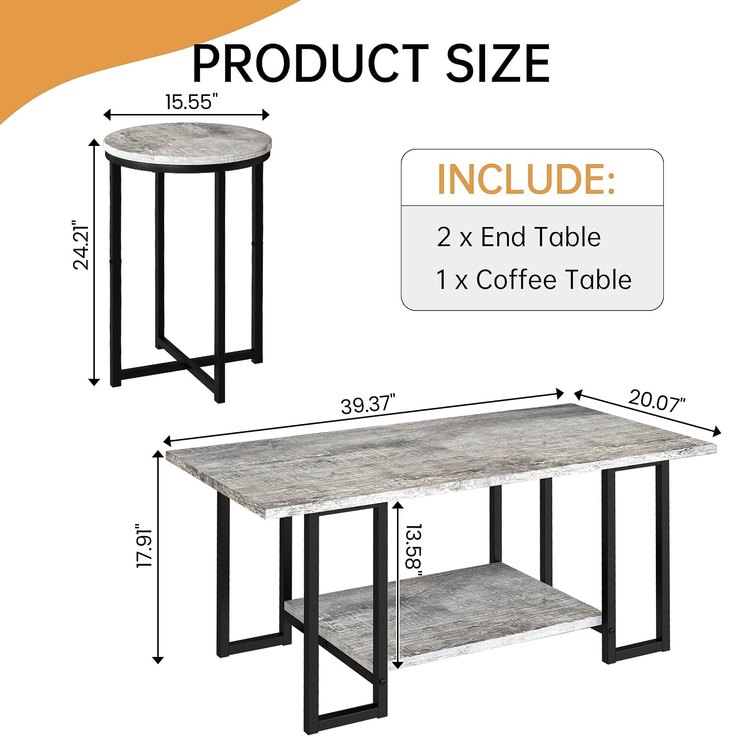 Baxluxe Coffee Table Set of 3, Faux Marble Coffee Table with 2 Round End Side Tables, Modern Living Room Table Set with Metal Frame for Apartment Home Office Small Place, Gray