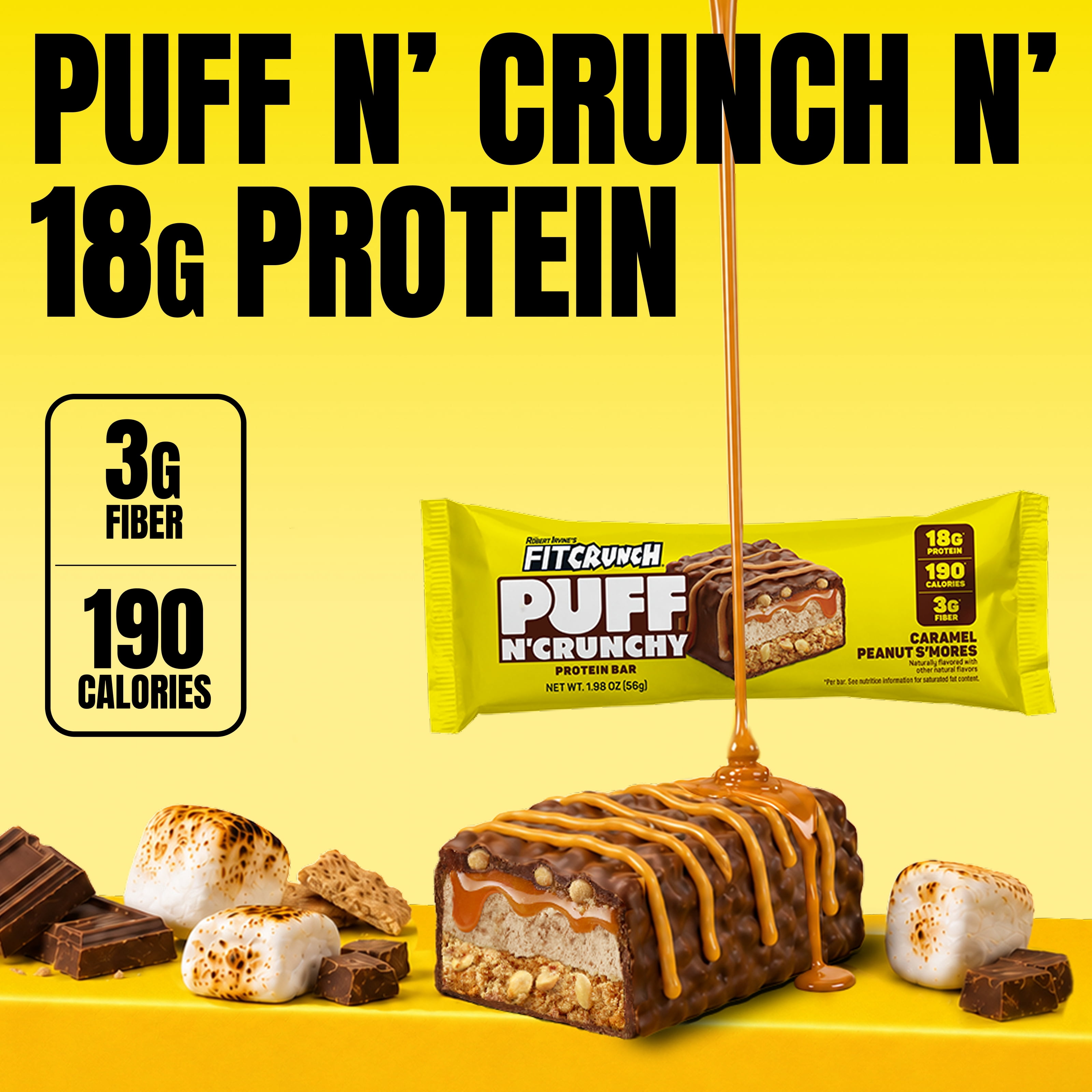 FITCRUNCH Puff n' Crunchy, Peanut Caramel Smores, 18g Protein, 4 Count