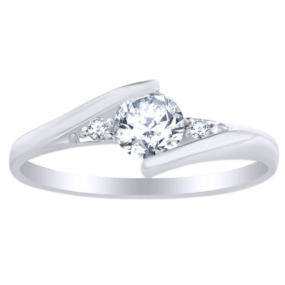 AFFY Round Cut White Cubic Zirconia Three Stone Bypass Engagement Wedding Ring In 14k White Gold Over Sterling Silver Ring Size 11.5