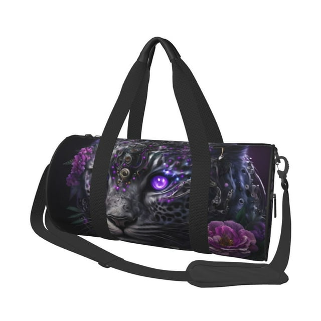 Fotbe Purple-Eyed Floral Leopard Bolsa Deportiva de Lona Plegable con Estampado, Bolsa de Gimnasio con Bolsillo Seco/Húmedo, Bolsa de Viaje Ultraligera de Gran Capacidad