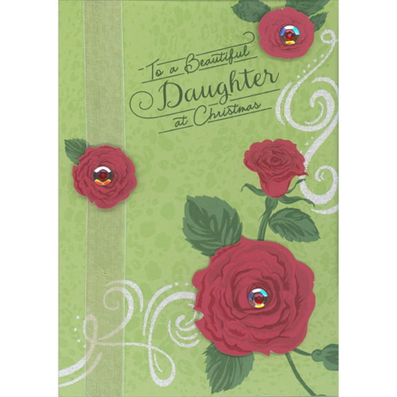Designer Greetings Red Die Cut 3D Roses, Silver and Red Sequins and White Ribbon Hand Decorated Christmas Card for Daughter