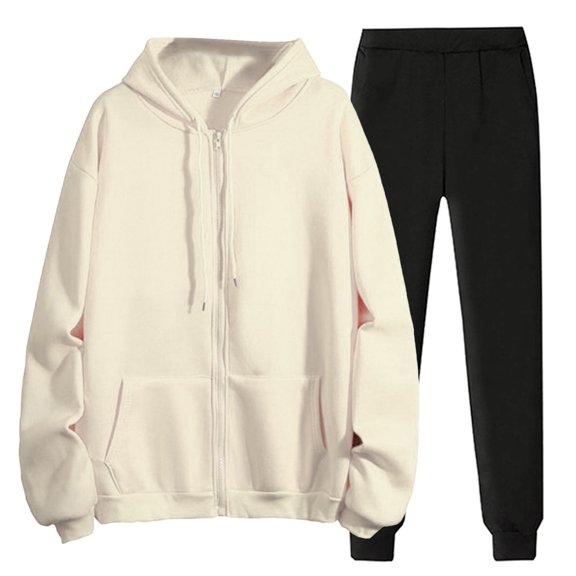 BLOCLOALO 2 Piece Lounge Set Long Sleeve Pullover Hoodie Sweatshirts Solid Color Hooded Zipper Plus Sweatshirt Trousers Women's Suit Jogger Sets Sweatpants and Sweatshirt Set Comfy Lounge Sets Beige L