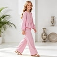 thumbnail image 4 of mgoYE Girl's 2 Piece Fall Winter Outfits Bow Striped Long Sleeve Top and Wide Leg Pants Cute Clothing Sets(Pink,9-10 Years), 4 of 5
