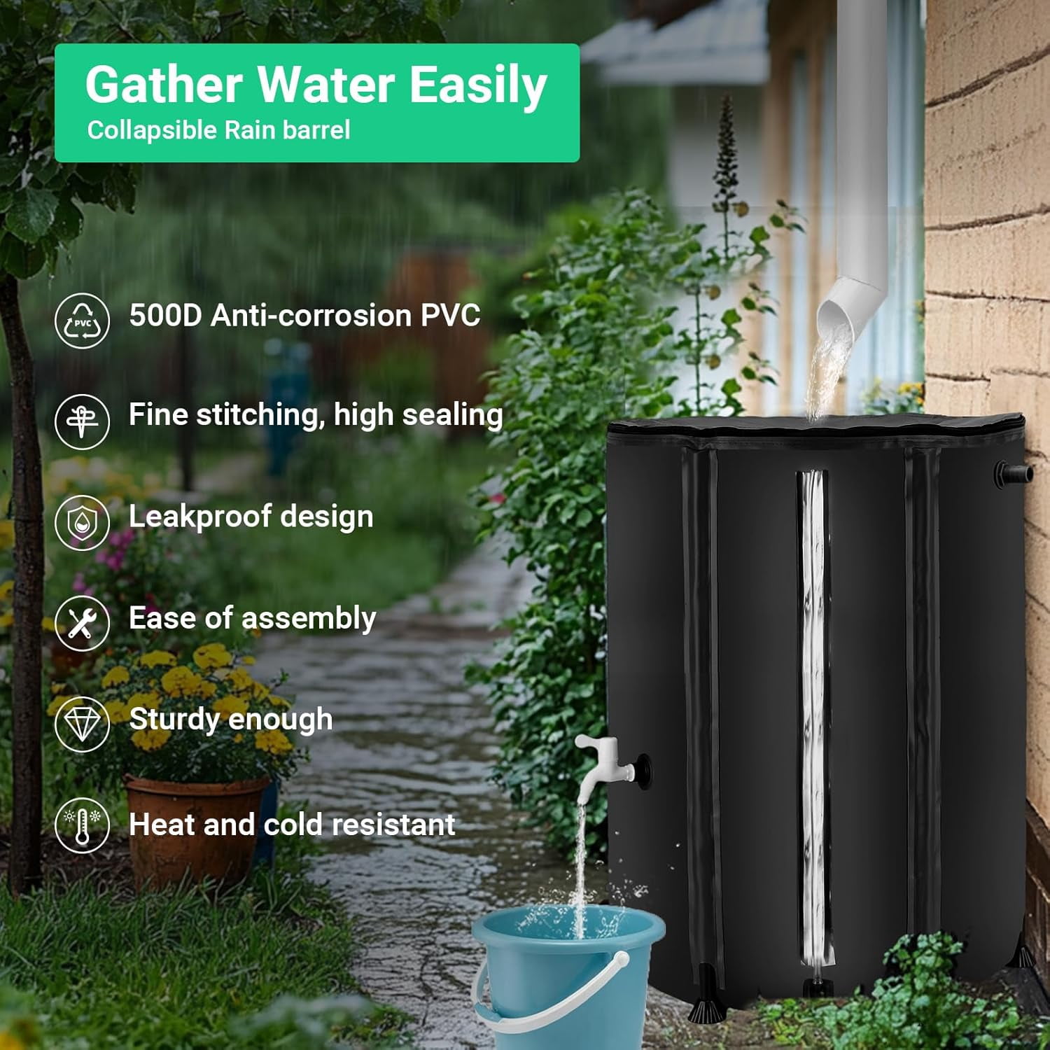 50 Gallon Collapsible Rain , 200L Portable Water  System for Garden & Emergency Use
