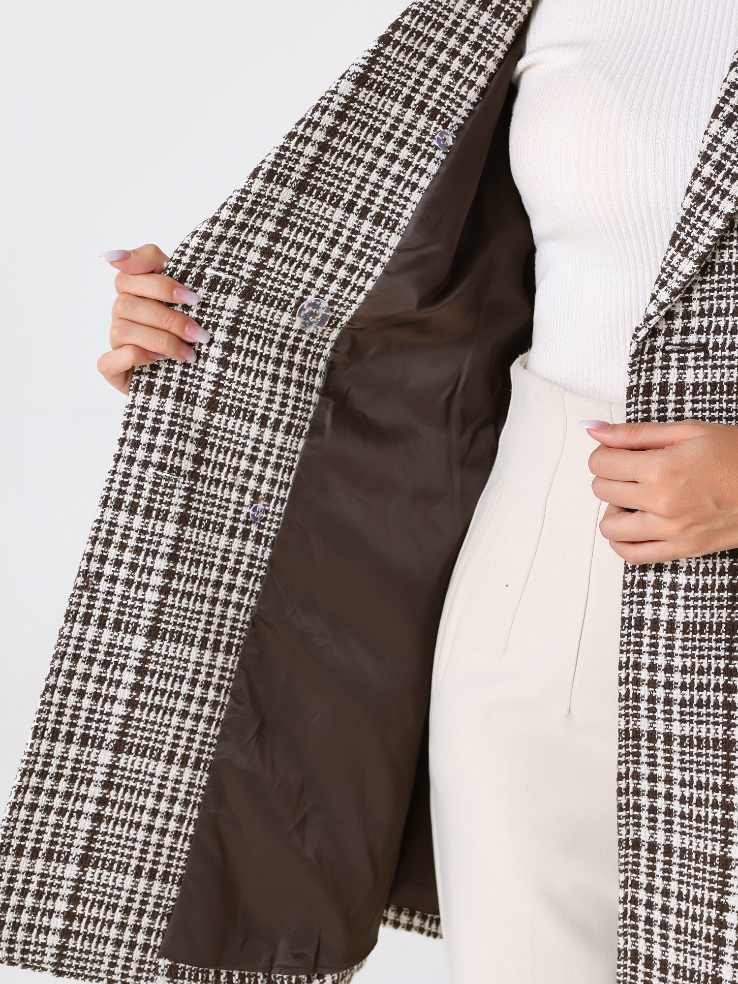 DARING DIVA Women's Plaid Double Breasted Tweed Blazer Outerwear Coat Brown XS
