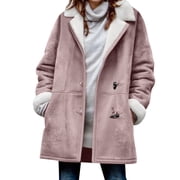 HongQid Sherpa Fleece Jackets Winter Lapel For Women Thicken Overcoat Parka Faux Suede Long Pea Coat Outerwear