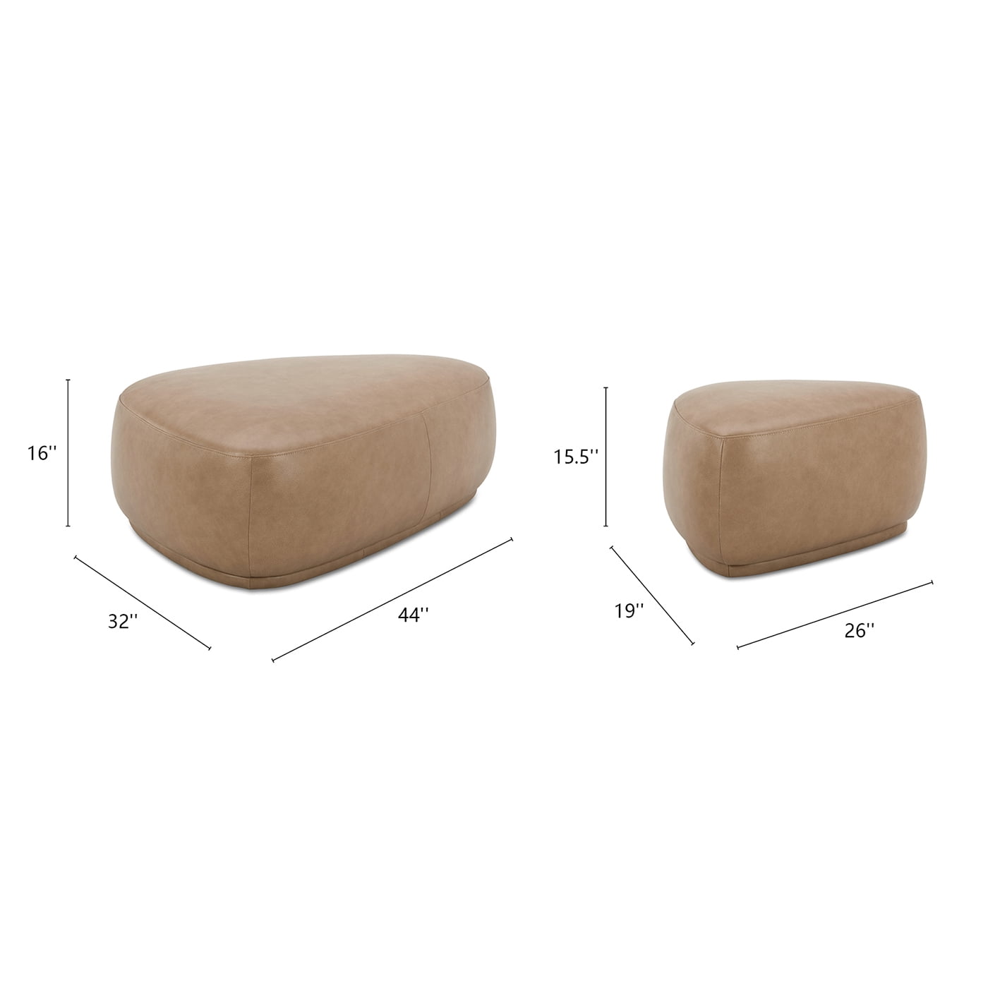 Jennifer Taylor Home Pebble 44" & 26" Rounded Triangle Cocktail Ottoman Set, Tuscan Tan Brown Top Grain Leather