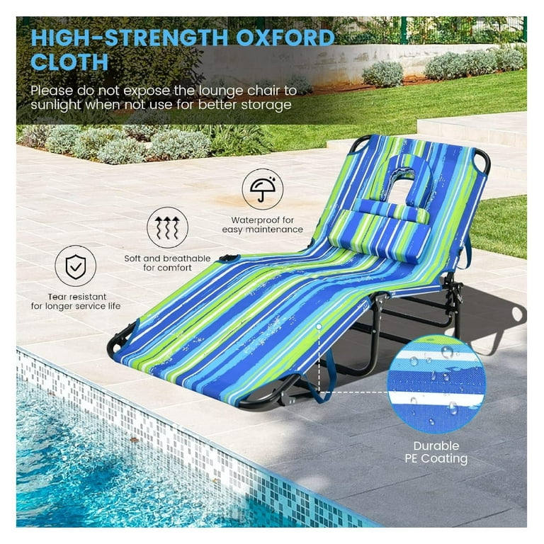 Tanning Chair 350lbs Beach Lounge Chair with Face Hole Washable Pillow Carry Strap Adjustable Folding Chaise Lounge Layout Chair for Outside Patio Poolside Lawn 1 Stripe Walmart