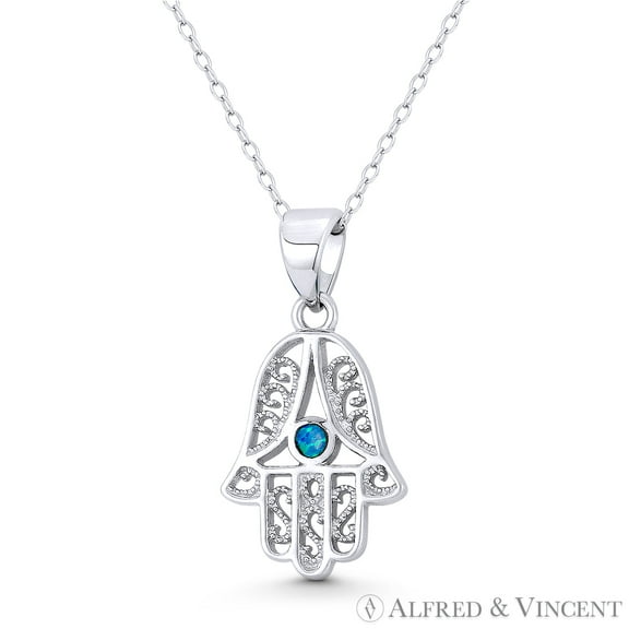 Hamsa Hand Evil Eye Charm Created Opal 26x13mm (1x0.5in) Pendant & Chain Necklace in .925 Sterling Silver w/ Rhodium