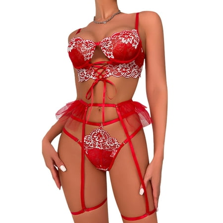 

Sanviglor Ladies Bodysuit With Garter Belt Teddy Babydoll Deep V Neck Mesh Lingerie Set 3 Pieces Women Sheer Lace Sexy See Through Red L