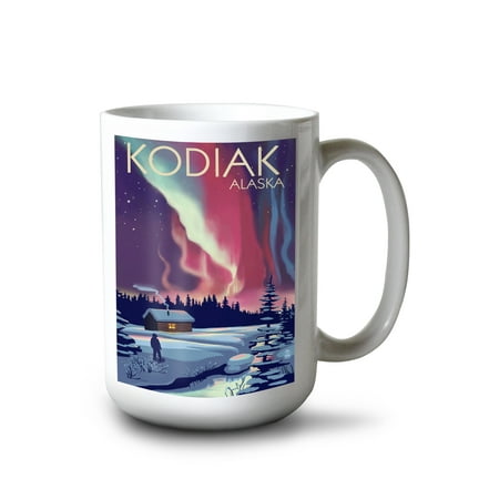

15 fl oz Ceramic Mug Kodiak Alaska Northern Lights and Cabin Dishwasher & Microwave Safe