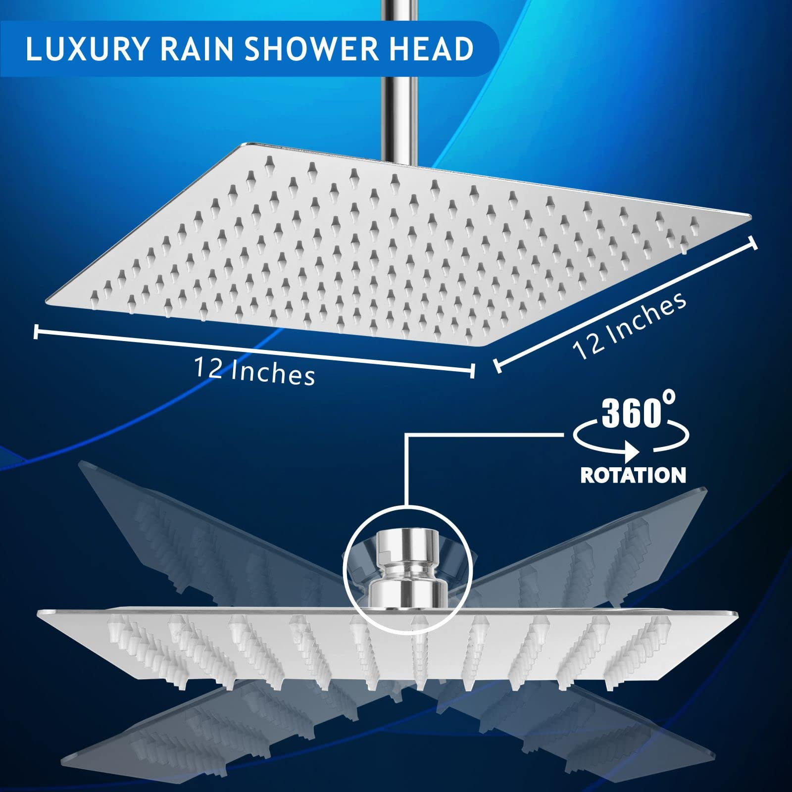 Rain Shower Head - High Flow Large Rainfall Heads Made Of Stainless Steel Waterfall Bathroom Square Showerhead Ceiling Or Wall Mount (12" Chrome)