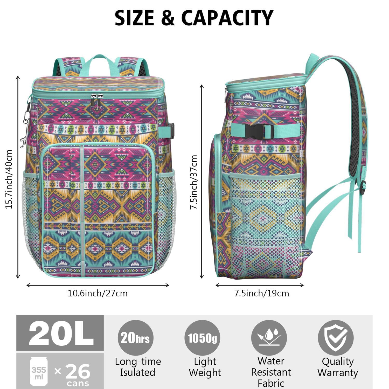 Travel Cooler Bag - Boho Bohemia Pioneer Flower Geometric Line Art Camping Beer Cooler Backpack with Bottle Opener- Waterproof Insulated Picnic Backpacks - Cooler Bag for Beach
