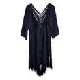 thumbnail image 4 of Swimsuit Coverup for Women 3/4 Sleeve V Neck Tassel Hem Crochet Loose Midi Dress Beach Cover Up Bathing Suit Dress, 4 of 4