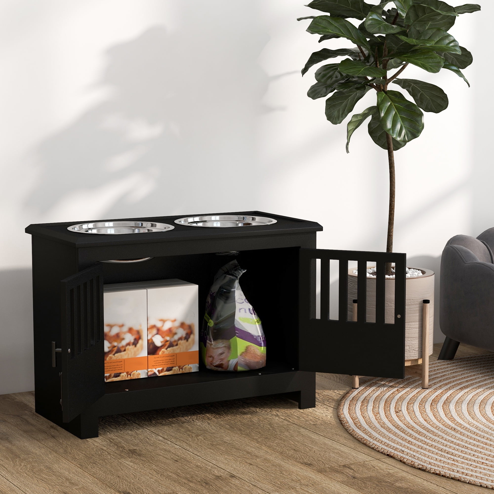 Large Elevated Dog Bowls with Storage Cabinet Containing Large 37L Capacity, Raised Dog Bowl Stand Pet Food Bowl Dog Feeding Station, Black