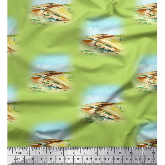 Soimoi Green Cotton Duck Fabric House & Landscape Nature Print Sewing Fabric Yard 42 Inch Wide