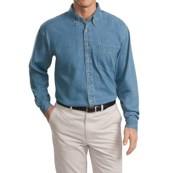 Just Blanks Tall Long Sleeve Denim Shirt Double-Needle Stitching Throughout Button-Down Collar Back Pleat, Faded Blue*, 4XLT