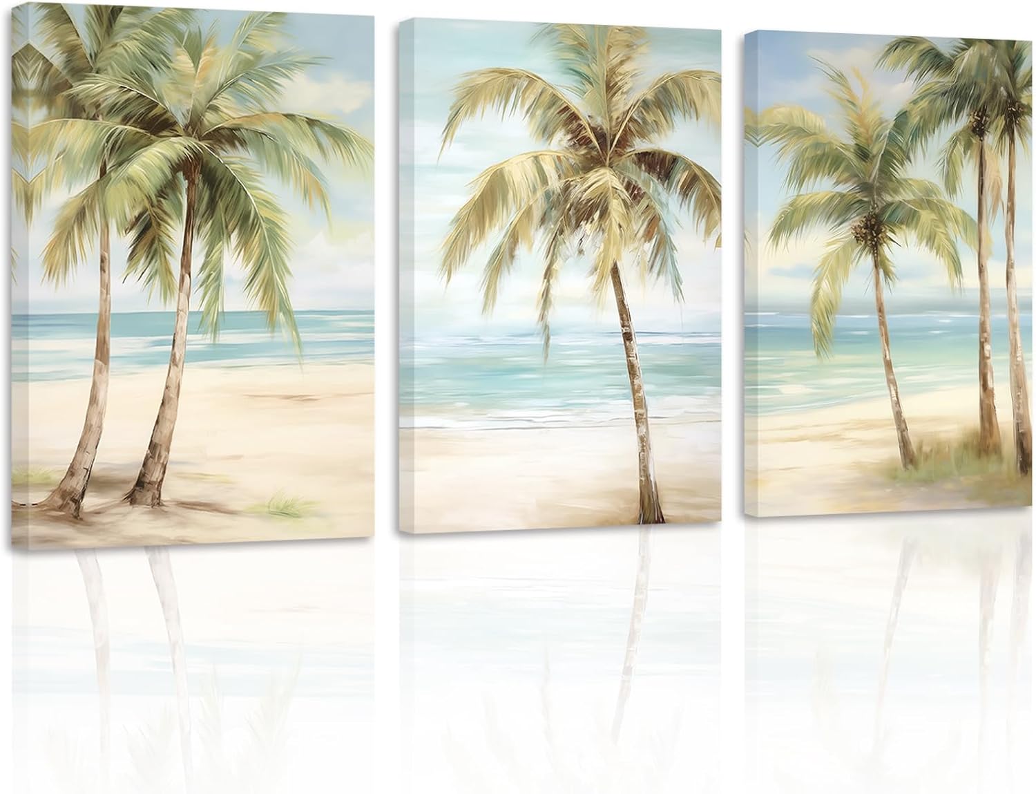 ZHONGYUTONG Tropical Beach Wall Art 3 Pieces Seaside Palm Tree Picture Print on Canvas Seascape Artwork Rustic Ocean Bathroom Decor Framed (11.00" x 14.00" x 3PCS)