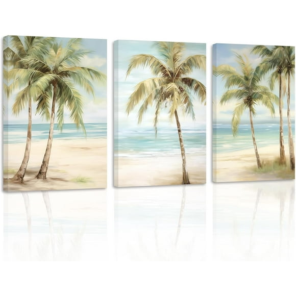 ZHONGYUTONG Tropical Beach Wall Art 3 Pieces Seaside Palm Tree Picture Print on Canvas Seascape Artwork Rustic Ocean Bathroom Decor Framed (20.00" x 28.00" x 3PCS)