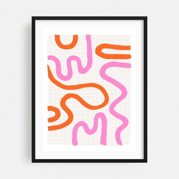 Leticia Pink Orange - Line Drawing Abstract Geometric Modern Art Pattern Minimalist Pastel Line Art Black Framed Wall Art Print 8 x 10 inches