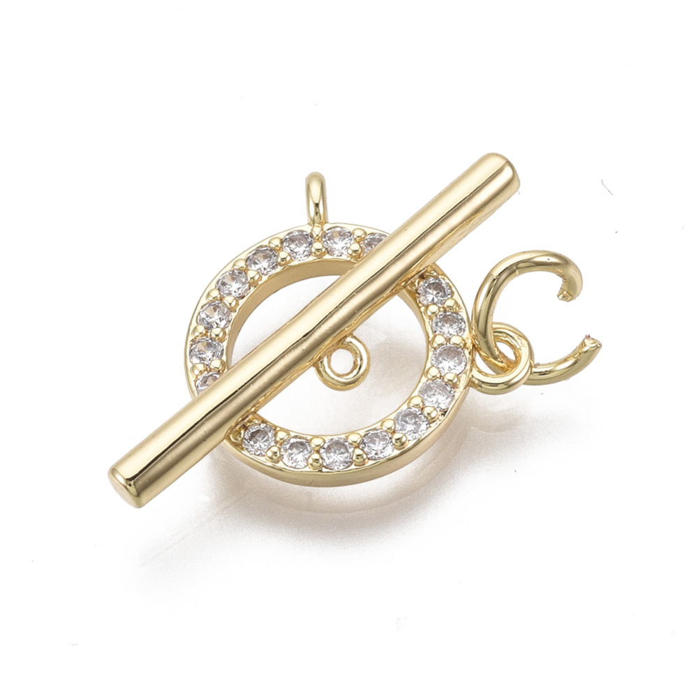 20 set Brass Micro Pave Clear Cubic Zirconia Toggle Clasps with Jump Rings Nickel Free Ring Real 18K golden Plated Total Length: 19mm Bar: 19x4x2mm Hole: 1.5mm Ring: 14.5x14.5x3mm Hole: 1.5mm