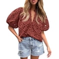 thumbnail image 2 of Jzuxvd Eyelet Tops for Women Summer Tops, Eyelet Blouse for Women Hollow Out Lace Top Embroidered Blouses, V Neck Button Puff Sleeve Wine S, 2 of 5