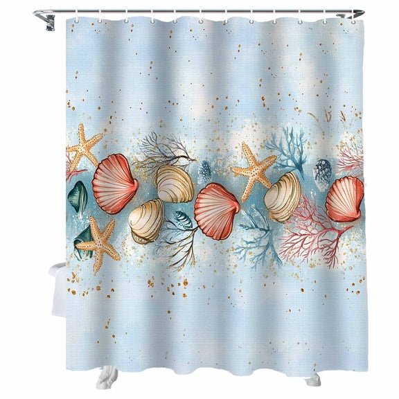 Shower Curtains Starfish Shell Coral Bath Curtain Blue Summer Beach Waterproof Bathroom Shower Curtain Set with Hooks Decoration 72 x 72 Inches