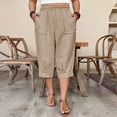 thumbnail image 5 of Womens Capris with Pockets Cotton Linen Lightweight Loose Wide Leg Lounge Elastic High Waisted Capri Pants (XL, Beige), 5 of 8