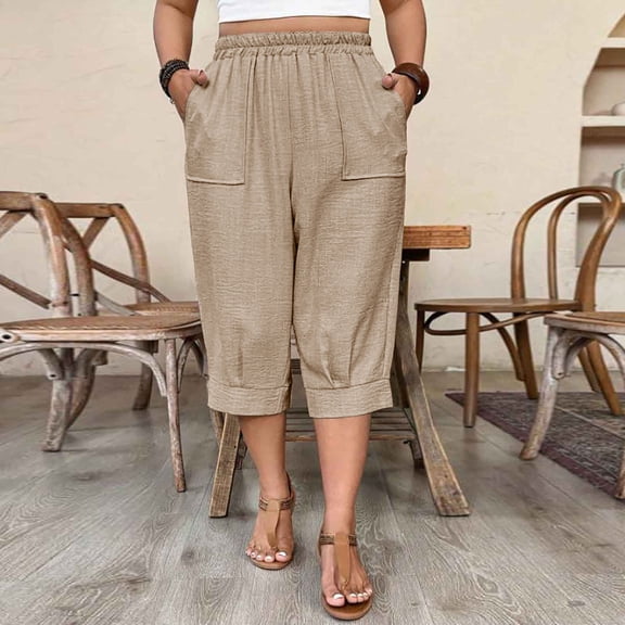 JUSLIO Women Capris Plus Size Casual Fashion Solid Color with Pockets Capris Beige L
