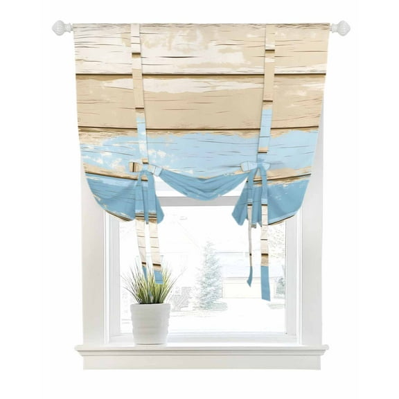 Vintage Blue Brown Tie Up Curtains for Window, Thermal Insulated Balloon Shade Adjustable Rod Pocket Curtains Valance Panels for Kitchen Bathroom Cafe 52 x 45 Retro Country Watercolor Wood Grain