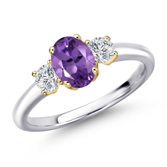 Gem Stone King 925 Silver and 10K Yellow Gold Purple Amethyst and Lab Grown Diamond Engagement Ring for Women | 1.09 Cttw | Oval 7X5MM | Gemstone February Birthstone | Size 5