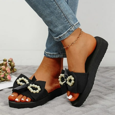

Cathalem Women Pearl Flat Beach Slippers Flip Sandals Flip Flop Sandals Fashion Slippers Flat Open Toe Women Sandals Go Walk Black 9