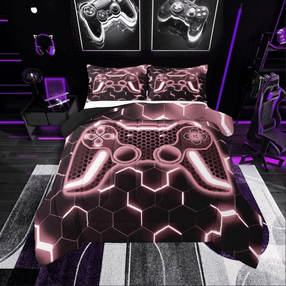Erosebridal Teens Gaming Bedding Twin Comforter Set,Video Gamer Down Comforter,Honeycomb Bedroom Decor,Reversible,Lightweight,2-Piece