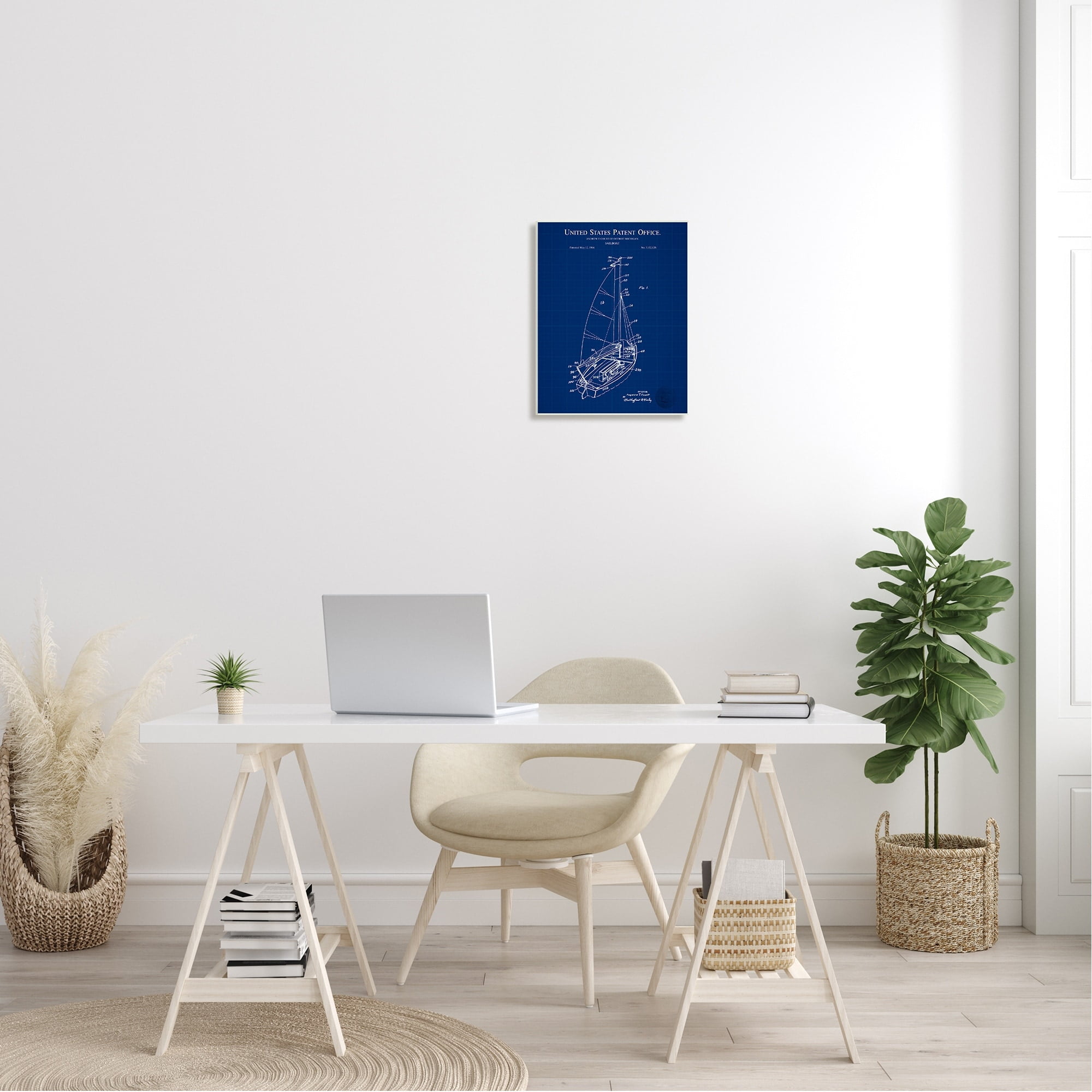 Stupell Industries Sailboat Watercraft Blue Patent Office Diagram Blueprint Wood Wall Art, 13 x 19, Design by Karl Hronek