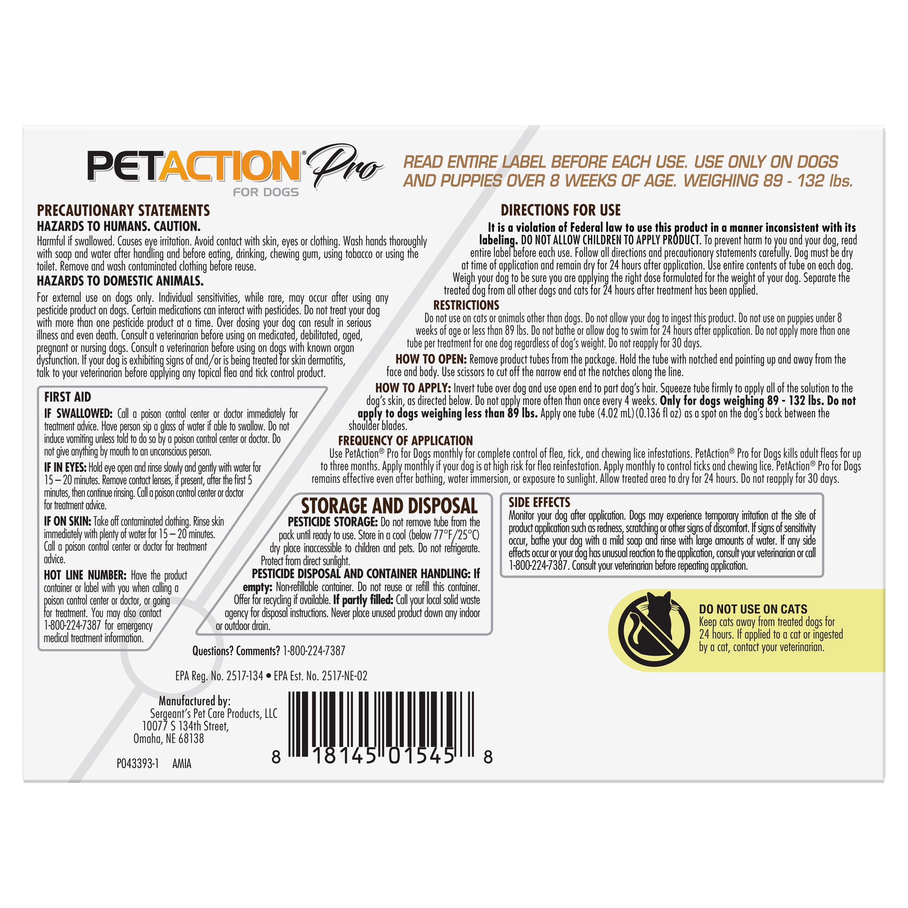 PETACTION PRO Flea & Tick Topical Treatment for Dogs, 89-132 lbs, 6 Count