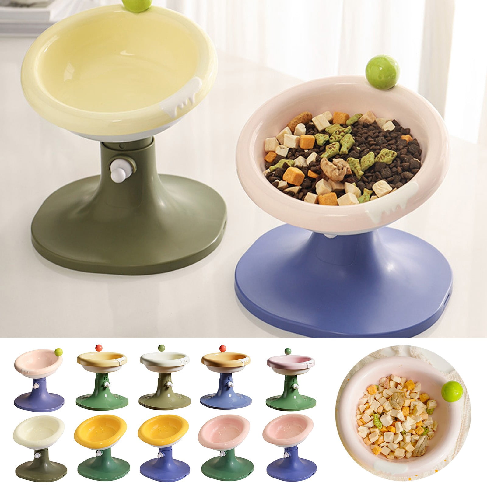 Adjustable Elevated Cat Bowls - Ceramic Raised Cat Food & Water Dishes with Tilted Design, Whisker-Friendly & Anti-Vomit Feeding Bowls for Cats & Kittens
