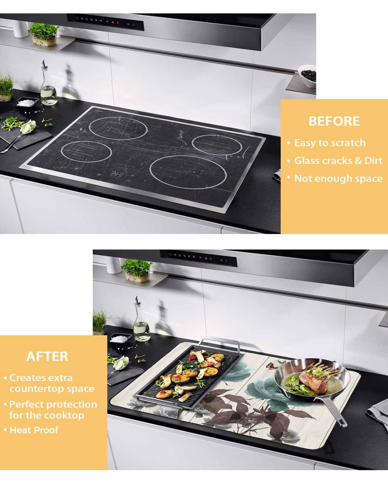 nqOlkjepod Large Induction Cooktop Protector Mat 24"x21", Teal Flowers Stove Top Covers for Electric Stove, Farmhouse Florals Butterfly Wooden Grain Stove Burner Cover Mats, Glass Top Stove Cover