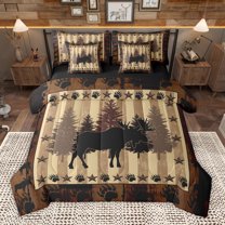 Homewish Rustic Moose Elk 7 Pieces Bedding Comforter Set,Rustic Farmhouse Cabin Full Bedding Set,Beige Brown Fitted Sheet Flat Sheet For Boys Kids,Luxury Bedroom Decor Reversible