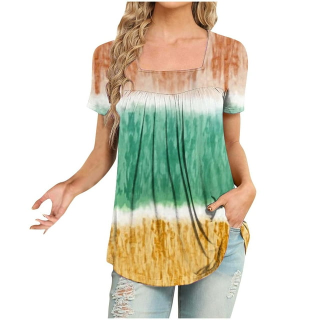 ameIAEA Square Neck Tops for Women Short Sleeve Summer Tunic Tops Color Block Ruffle Blouse