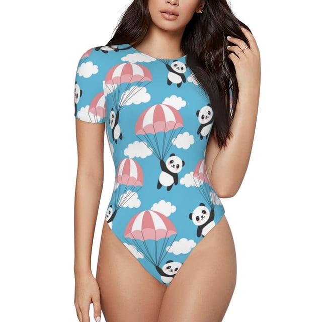 Balery Panda Flying in the Sky Body de cuello redondo de manga corta para mujer Tops de manga corta Tops básicos-Small