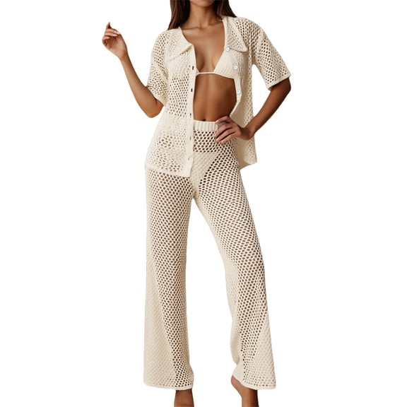 Beach Cover Up Set for Women Loose Fit Short Sleeve Shirt Casual Pants Sheer Vacation Sun Protection Beach Cover Up