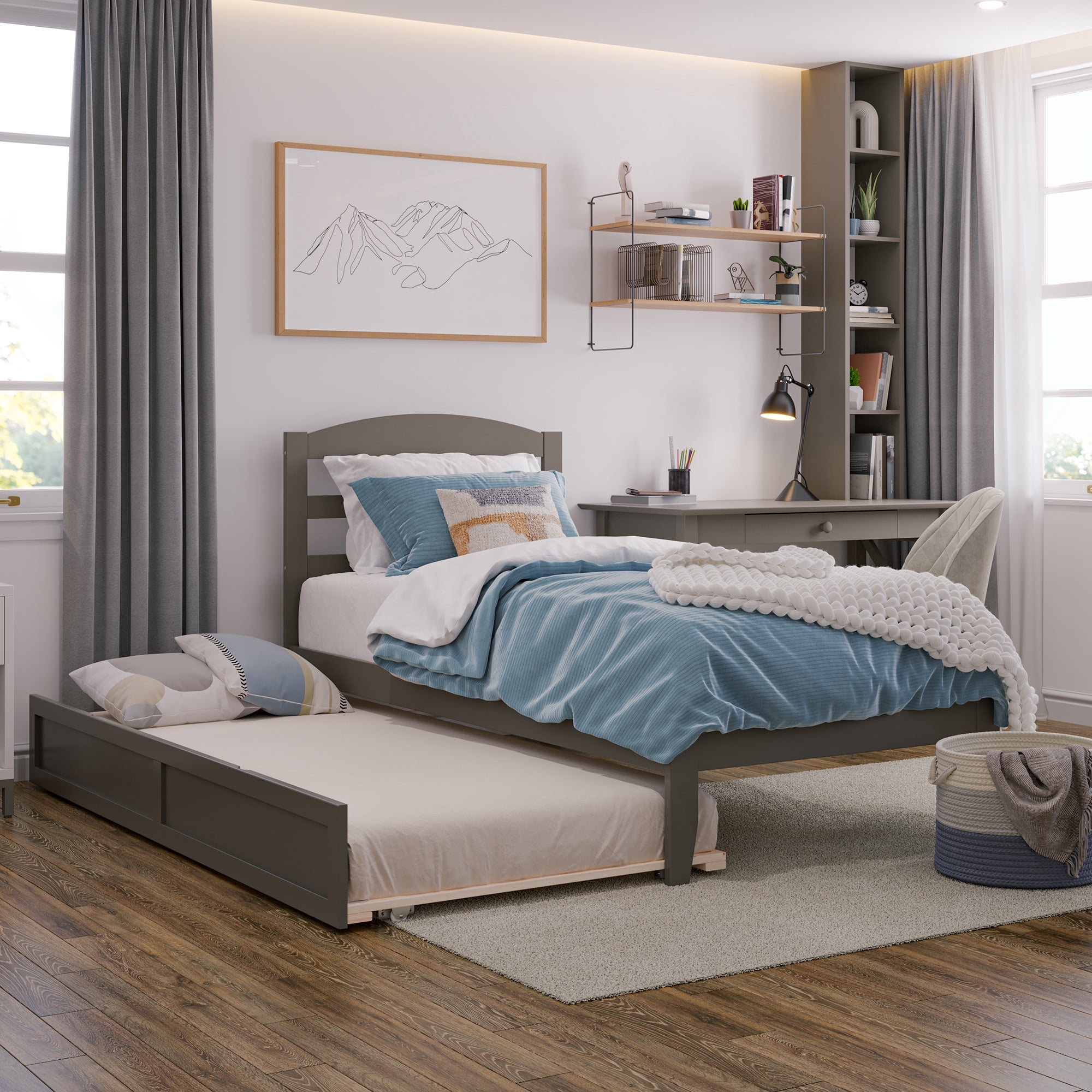AFI Warren 14" Twin Wood Platform Bed Frame with Twin Trundle, Grey