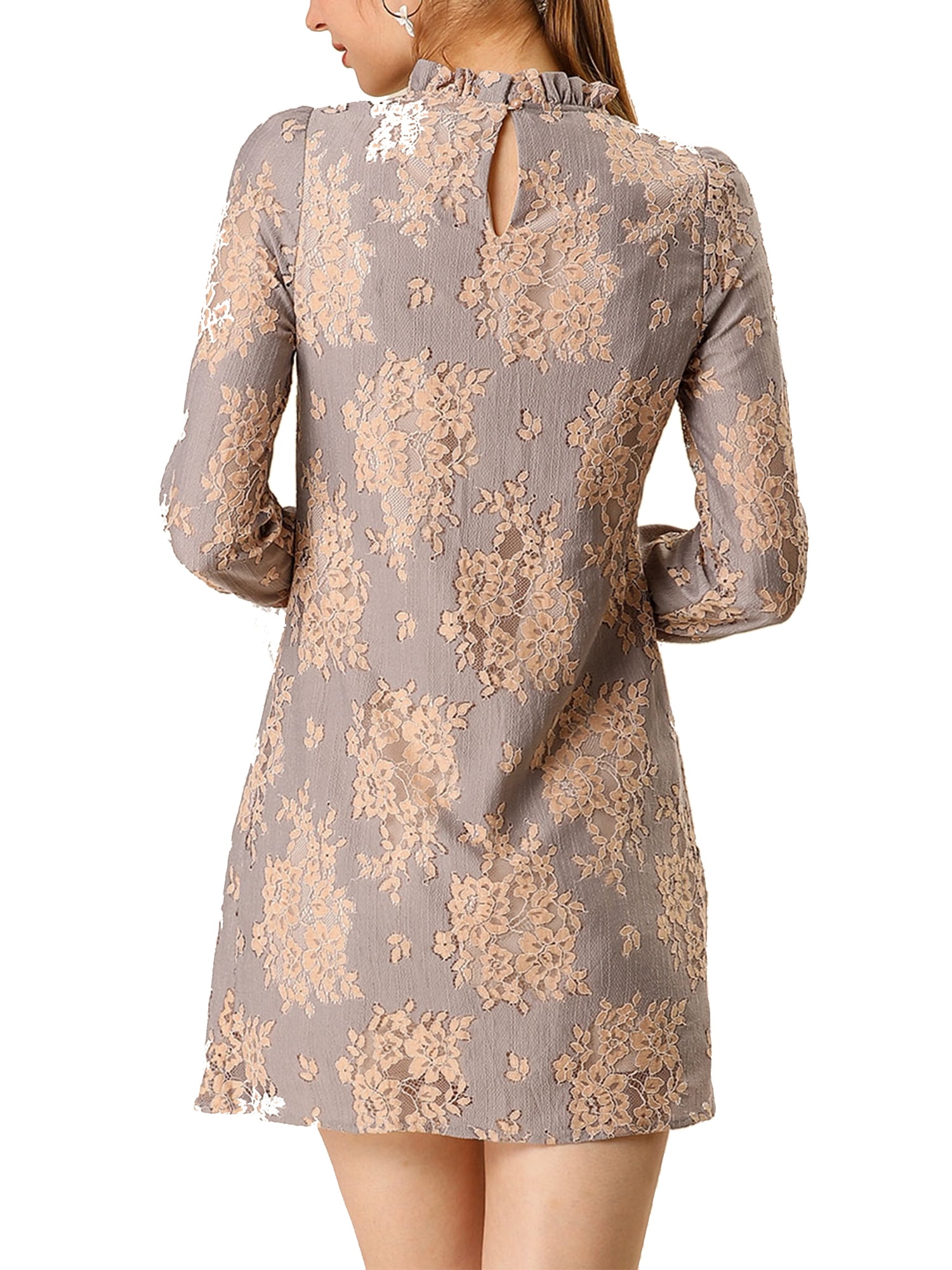 DARING DIVA Floral Ruffle Crew Neck Vintage Mini Lace Dress L Grey Pink