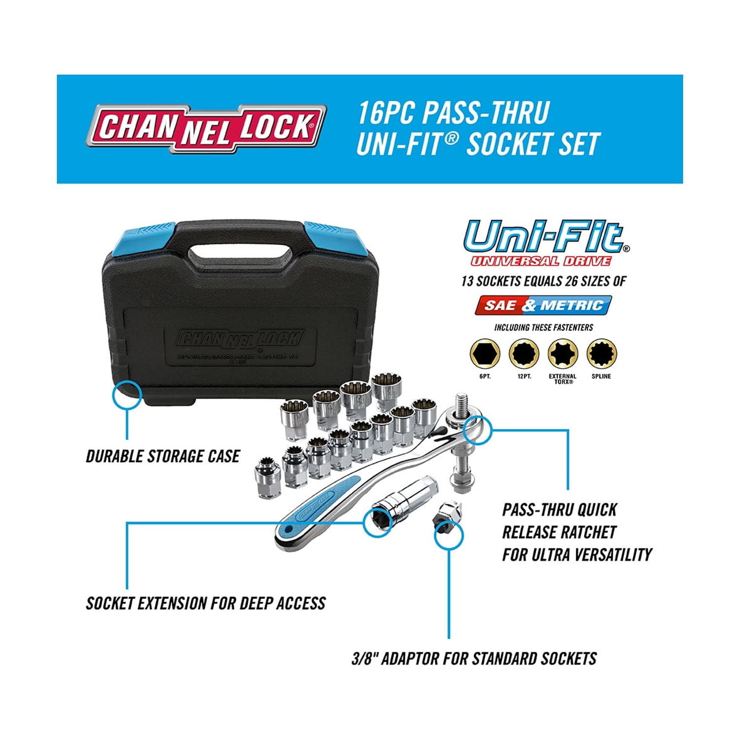CHANNELLOCK Pass-Thru UNI-FIT Universal Socket Set, Ultra Access Fits 42 Drive Sizes, Full-Polish Chrome, 16 pieces (39100)