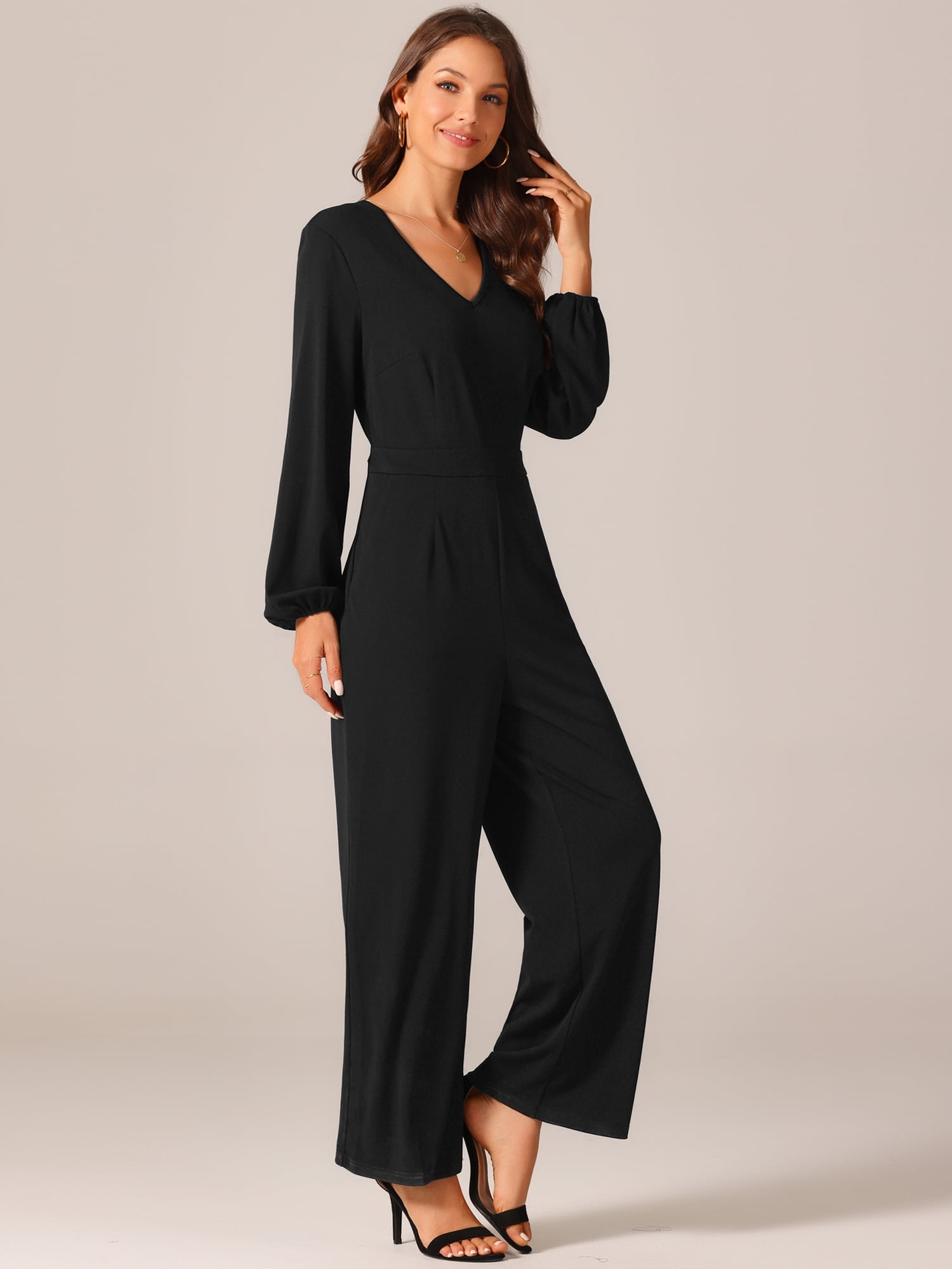 DARING DIVA Women's V Neck Long Sleeve High Waisted Wide Leg Jumpsuits S Black