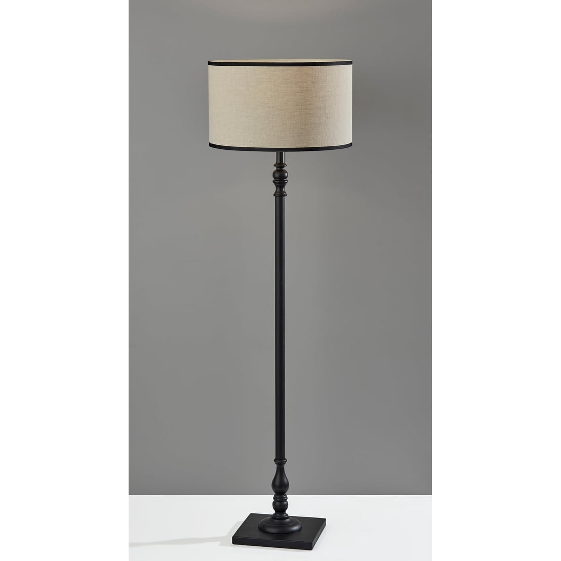 Adesso Zeek 58.75" 3-Way Black Wood Floor Lamp with Cream & Black Textured Drum Shade
