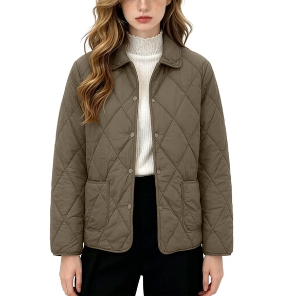 CHGBMOK Women Plus Size Quilted Jacket Lapel Collar Lightweight Padded Coat Long Sleeve Snap Button Casual Warm Outerwear with Pockets